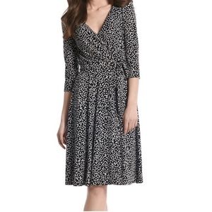 White House Black Market Polka Dot Faux Wrap Black and White Midi Dress